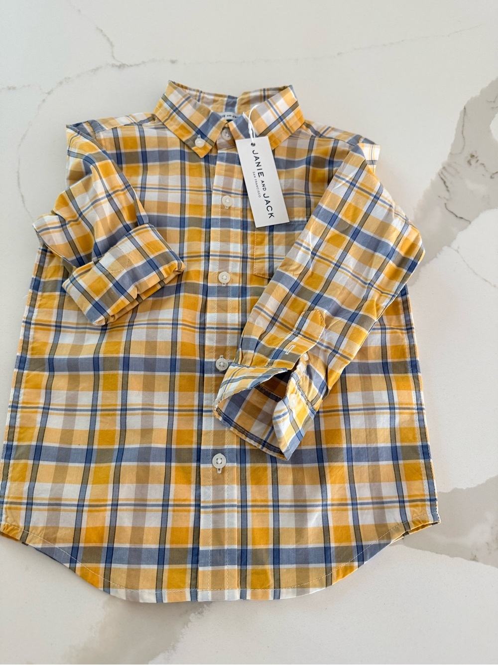 Janie and Jack Yellow Plaid Cotton Long Sleeve Button Down Shirt